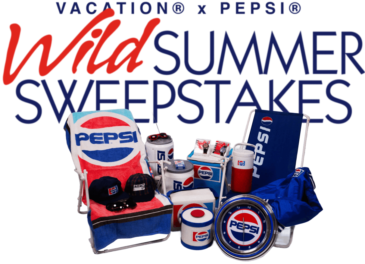 Vacation x Pepsi Wild Summer Sweepstakes, featuring a collection of Pepsi-branded summer merchandise including a beach chair, coolers, hats, and a clock.