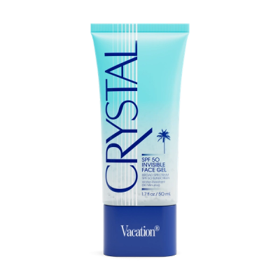 a blue tube of Vacation® Crystal SPF 50 Invisible Face Gel