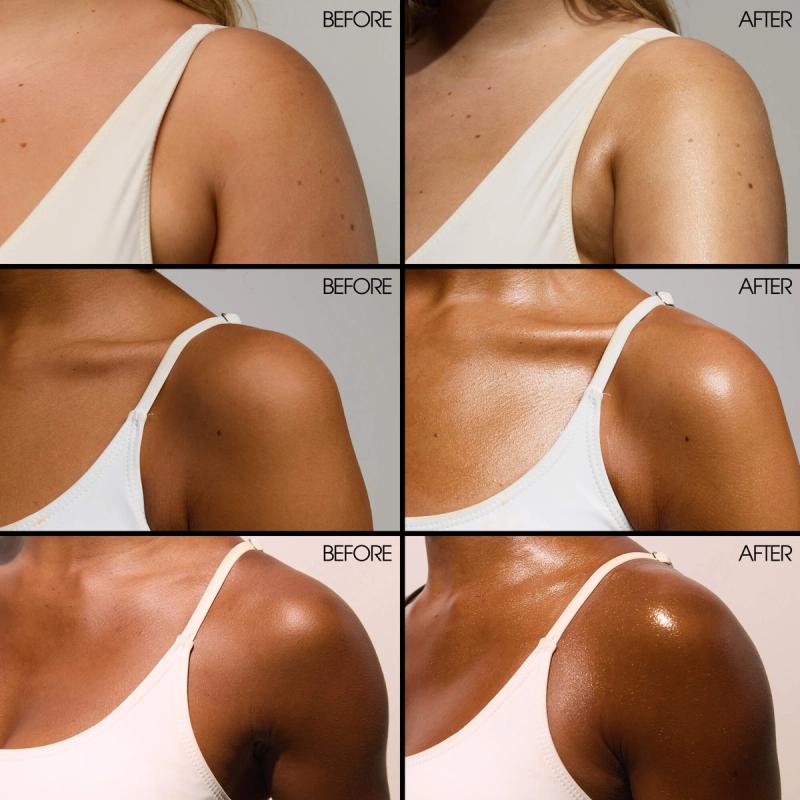 a before and after photo of a woman 's shoulder and chest .