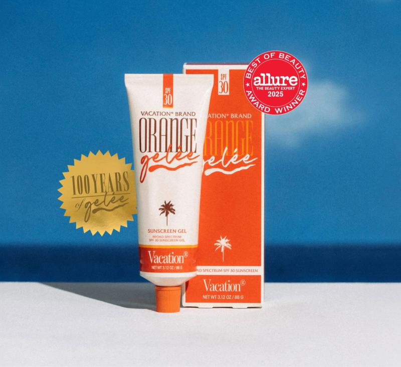 Vacation Brand Orange Gelée SPF 30 sunscreen tube and box, featuring "100 Years of Gelée" and "Allure Best of Beauty 2025 Winner" awards, against a blue sky.