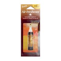 Packaged Vacation Air Freshener spray with coconut oil scent and a tropical sunset background.