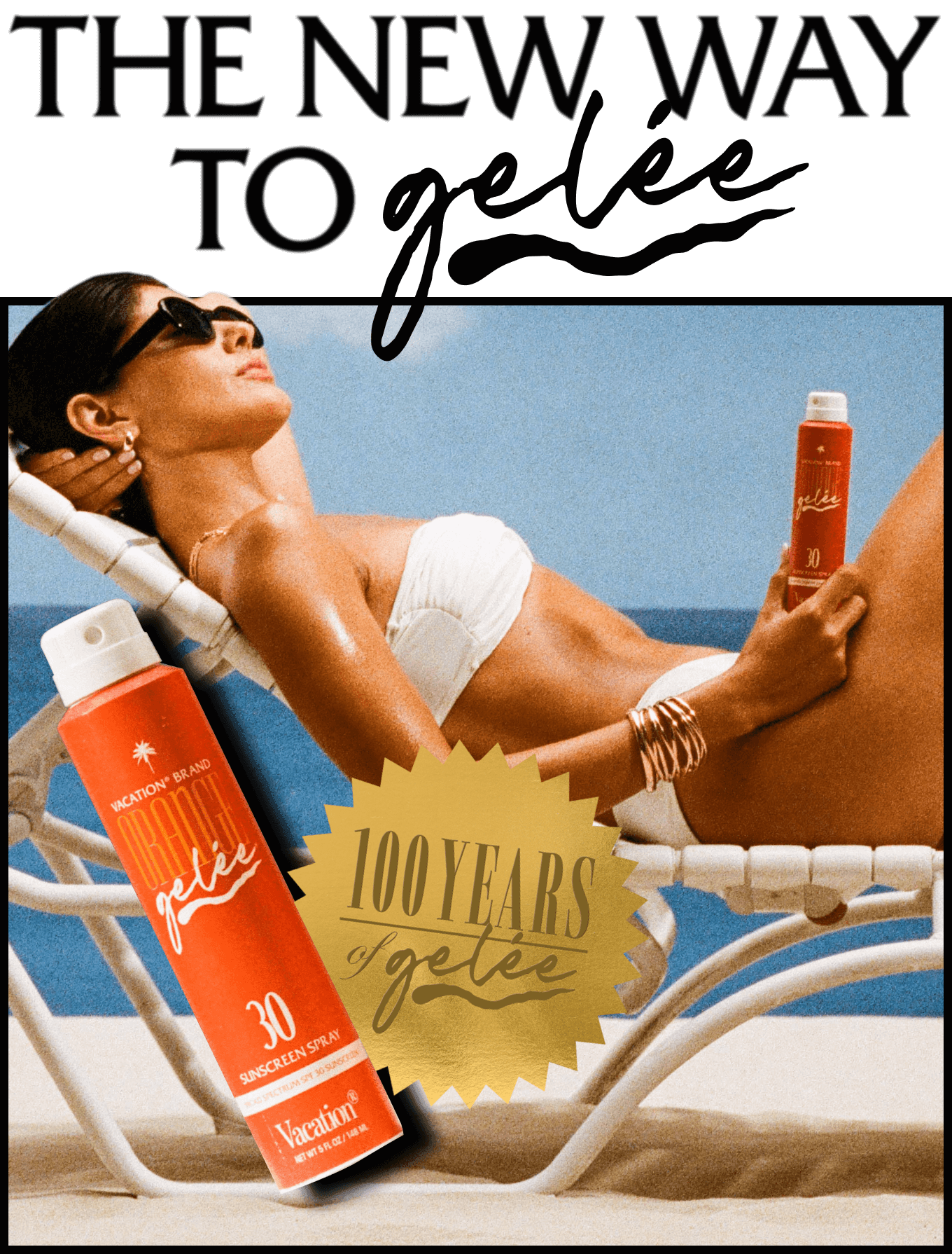 a woman in a bikini is laying on a beach next to a bottle of vacation brand orange gelee spray