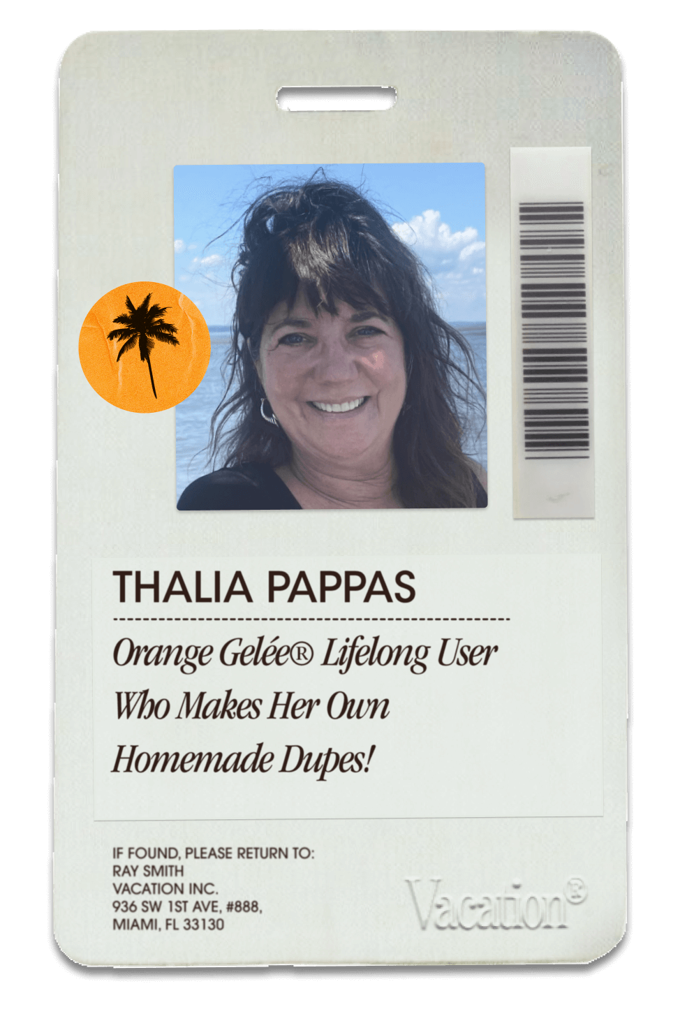an ID badge for Thalia Pappas