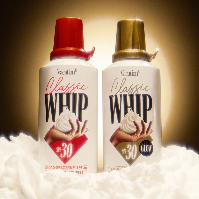 Classic Whip & Classic Whip Glow on a radiant gold background in mountains of whipped cream sunscreen