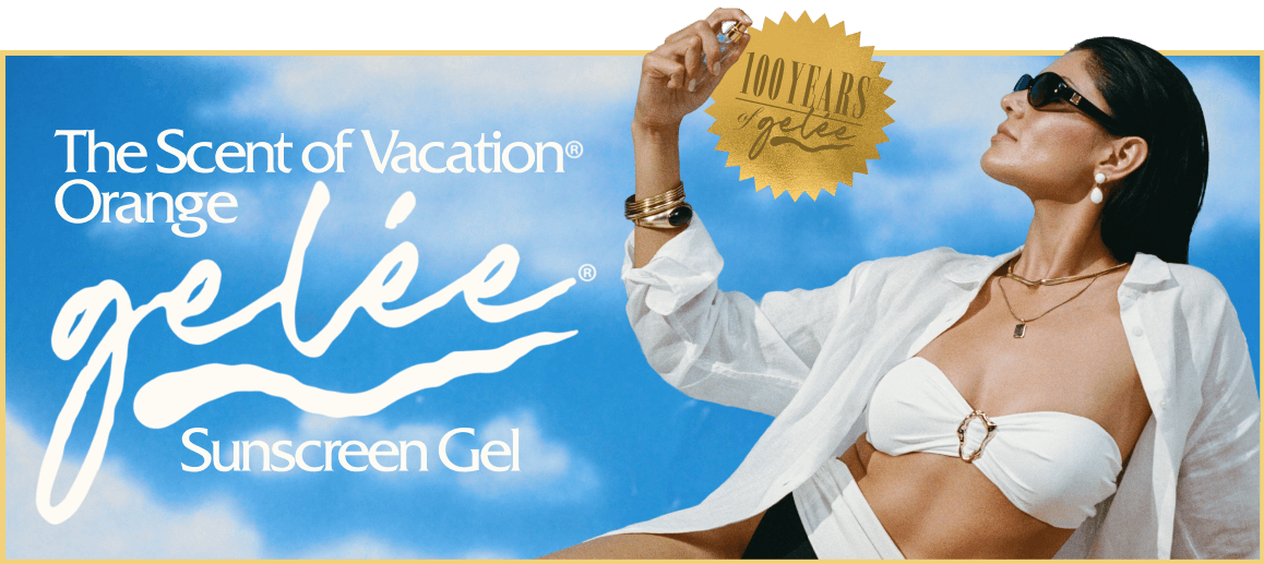 Woman in sunglasses and white swimwear advertises "The Scent of Vacation Orange Gelée Sunscreen Gel" with a "100 Years of gelée" badge.