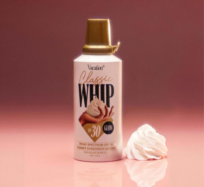 Classic Whip Glow SPF 30 on a pink background with a dollop of whip