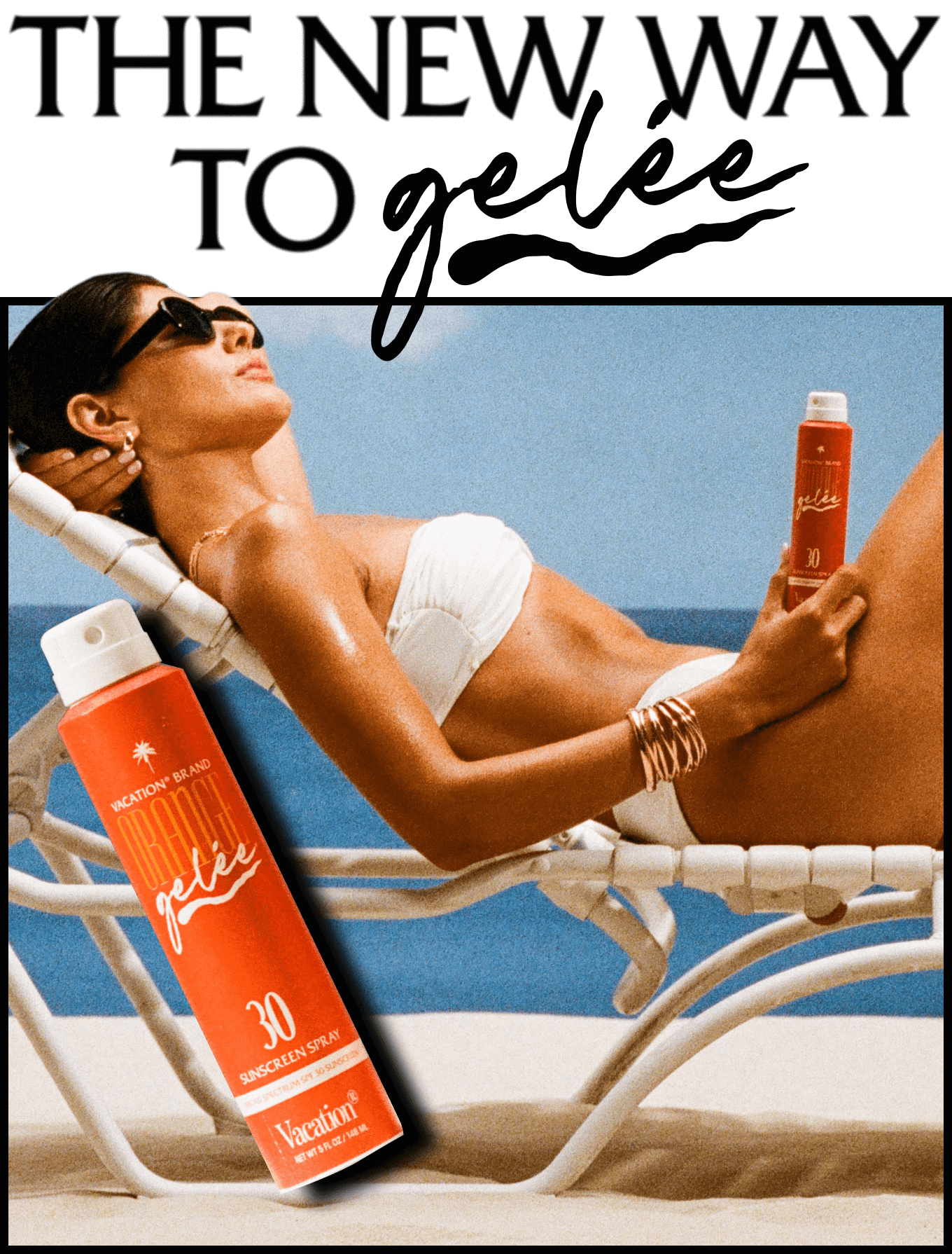 a woman in a bikini is laying on a beach next to a bottle of vacation brand orange gelee spray