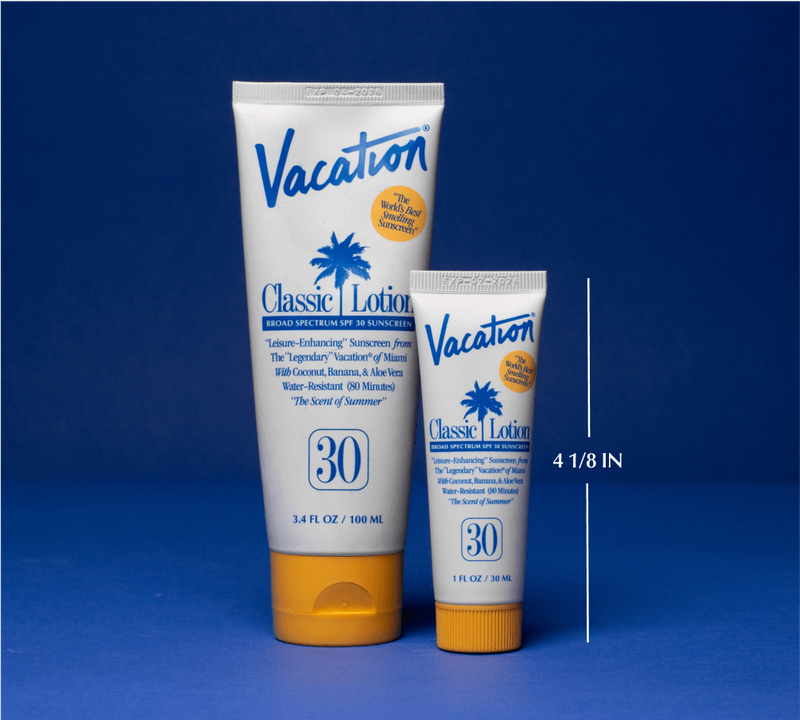 a tube of vacation classic lotion sits next to a smaller tube