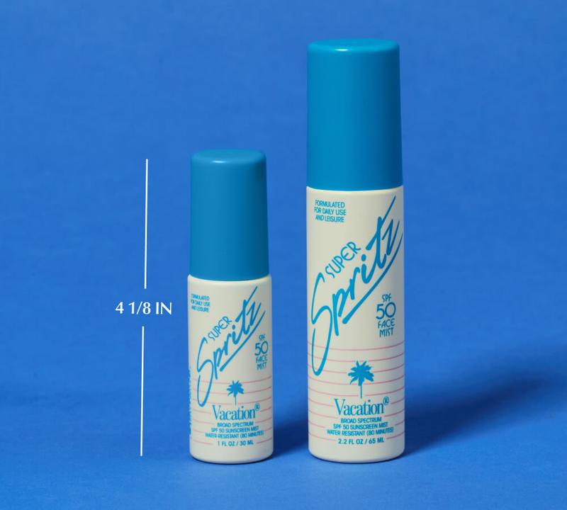 two bottles of super spritz on blue, the smaller measuring 4 1/8 inch