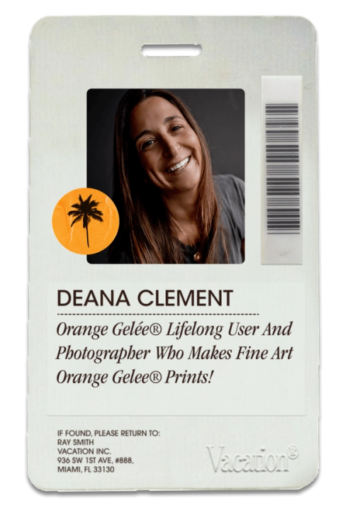 ID badge for Deana Clement, a smiling photographer and 'Orange Gelée Lifelong User', with a palm tree logo.
