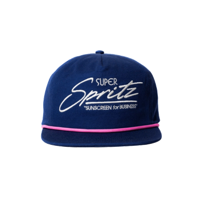 a blue hat that says Super Spritz: Sunscreen for Business