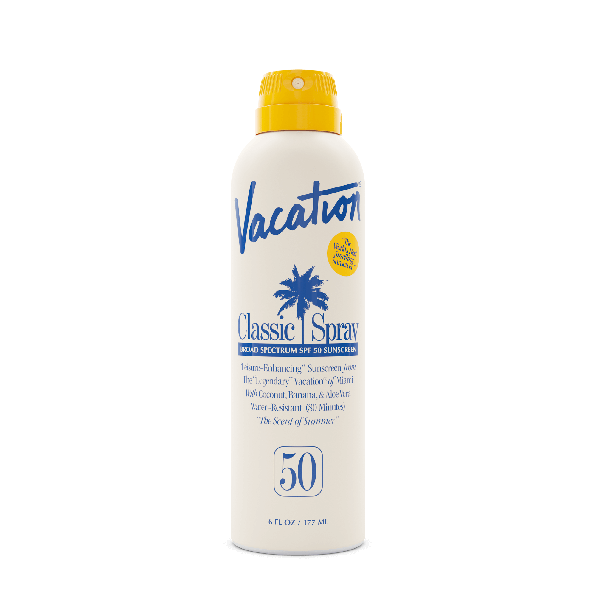 A white bottle of Vacation Classic Spray SPF 50 sunscreen with a yellow cap and blue text, featuring a palm tree logo.