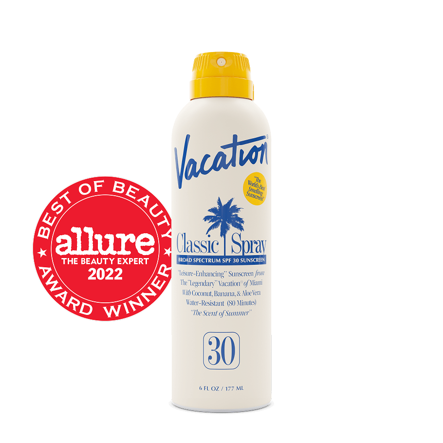 Vacation Classic Spray SPF 30 sunscreen can with yellow cap and an Allure Best of Beauty 2022 award winner badge.