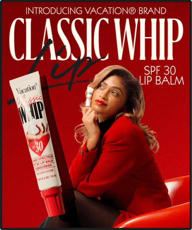 Advertisement for Vacation Classic Whip SPF 30 Lip Balm, featuring a woman in a red jacket holding the product, with a larger tube on a red background.