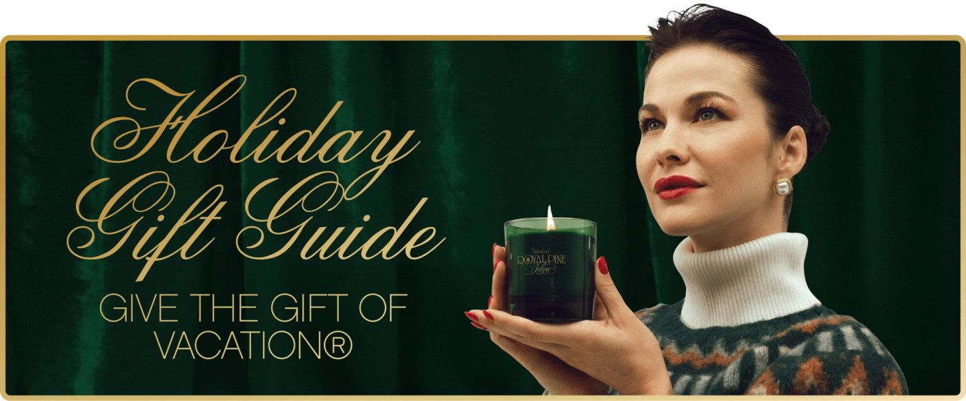 Woman holding a lit Royal Pine candle, with text "Holiday Gift Guide" and "Give the Gift of Vacation®"