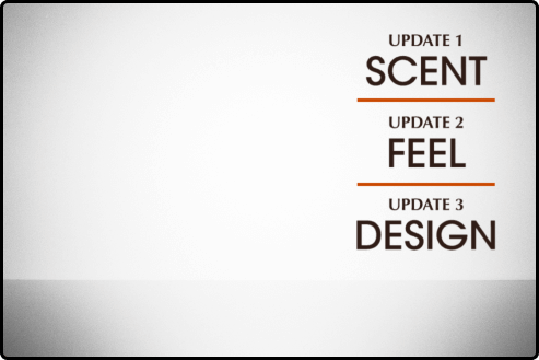 a white background with the words update 1 scent update 2 feel update 3 design