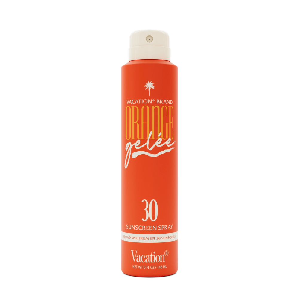 Vacation Brand Orange Gelée SPF 30 Sunscreen Spray in an orange can.