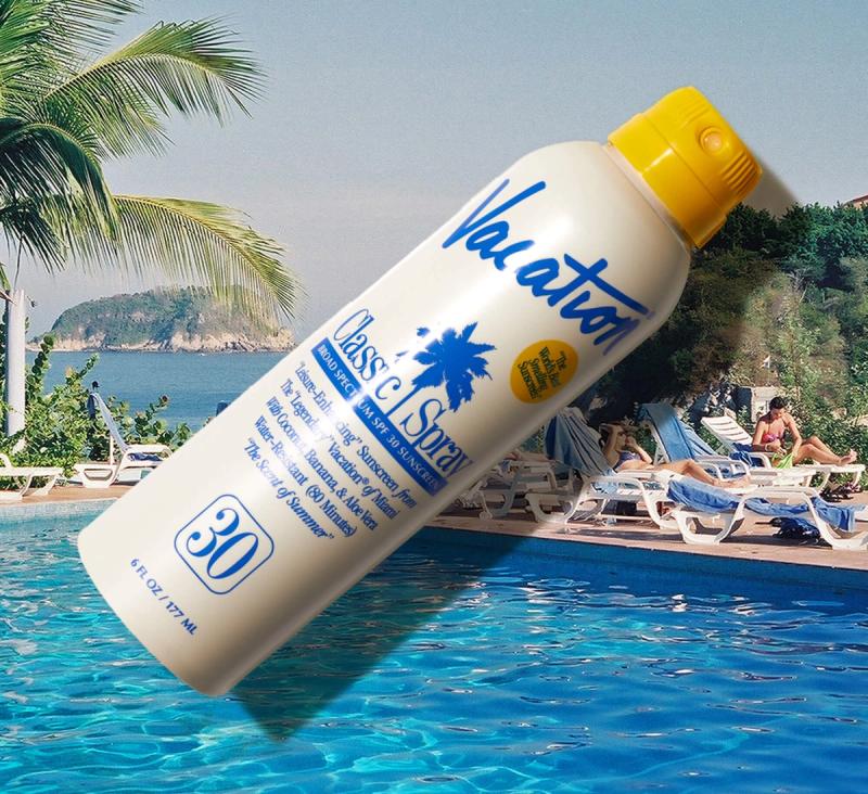Vacation Classic Spray SPF 30 overlaid on a pool image