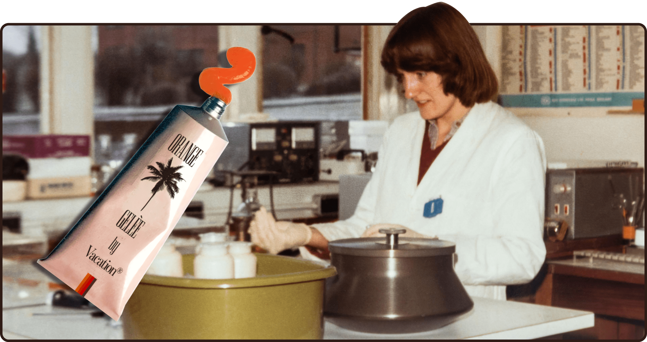 a tube of orange reef by vacation is next to a woman in a lab coat