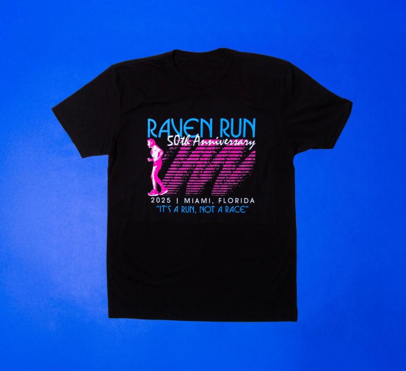 a black Raven Run t-shirt with a pink runner on it is on a blue background