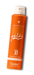 Vacation Brand Orange Gelée SPF 30 Sunscreen Spray in an orange can.