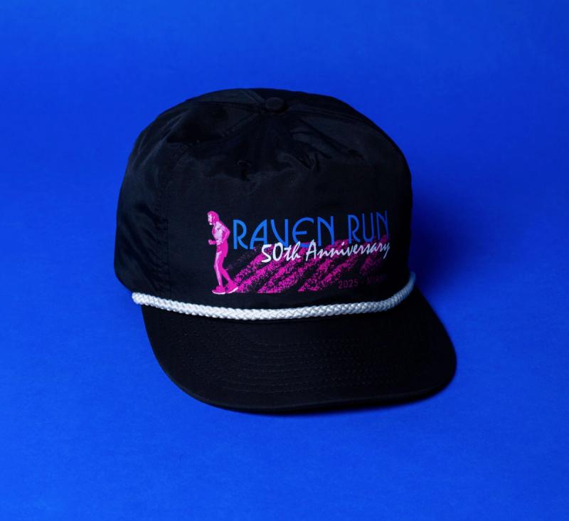 Raven Run 50th Anniversary hat with white rope on a blue background