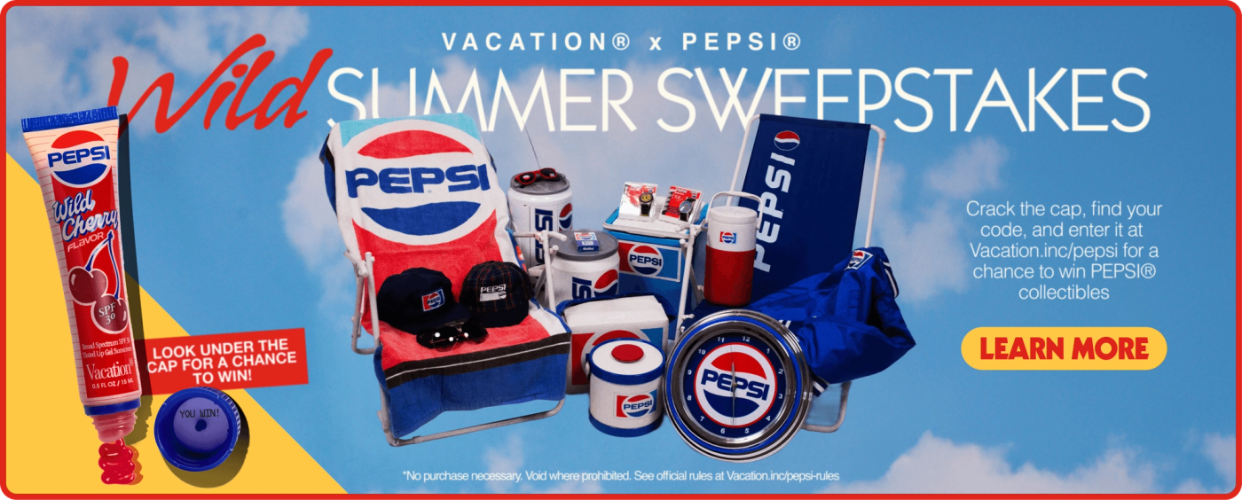 Ad for Vacation x Pepsi Wild Summer Sweepstakes featuring a Wild Cherry sunscreen tube and various Pepsi-branded beach gear.