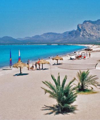 a beach with palm trees and umbrellas and mountains in the background