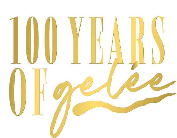 Golden text reads "100 YEARS OF gelée" with "gelée" in a script font.