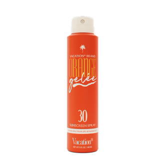 Vacation Brand Orange Gelée SPF 30 Sunscreen Spray in an orange can.