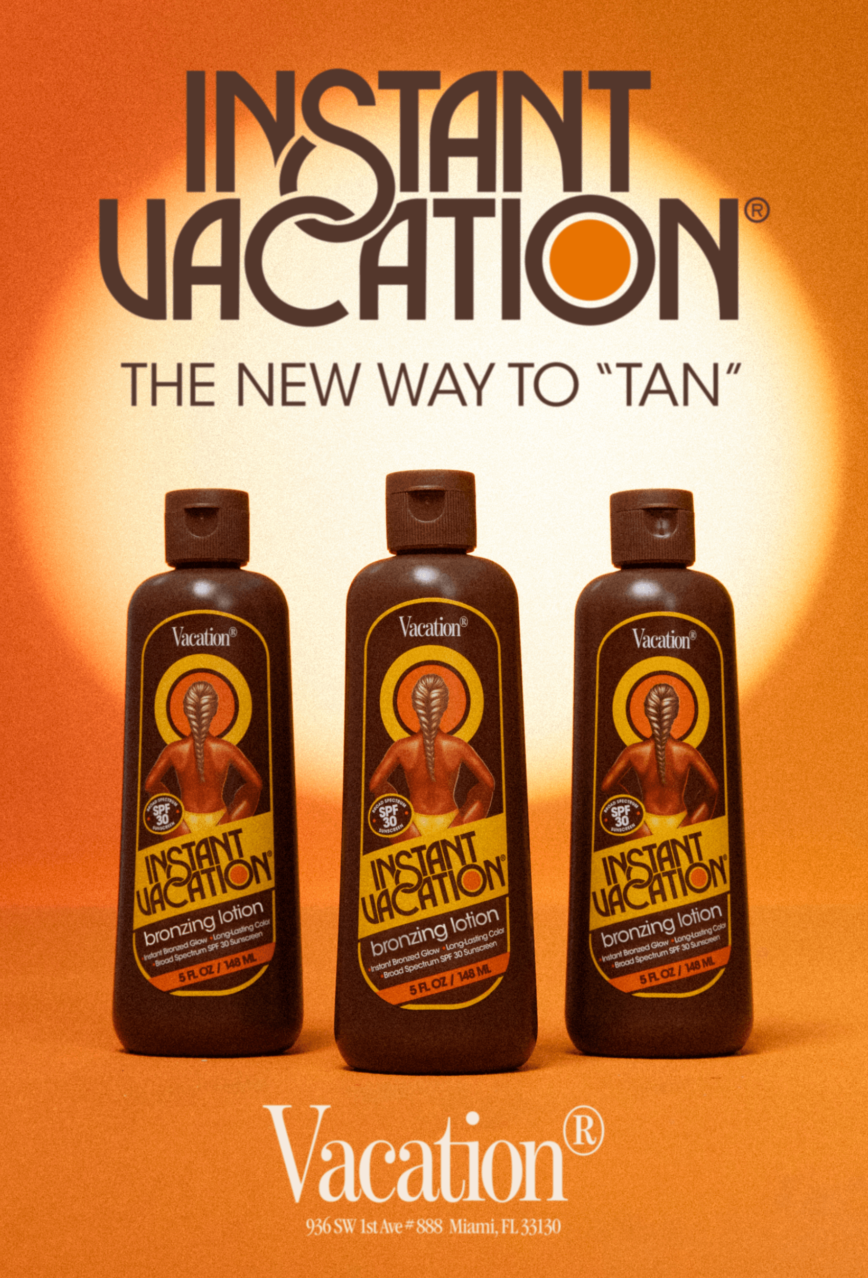 three bottles of instant vacation bronzing lotion on a sunburst background