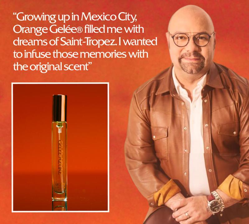 A man in a brown leather jacket smiles, next to a bottle of Gelée Azure perfume and a quote about its inspiration.