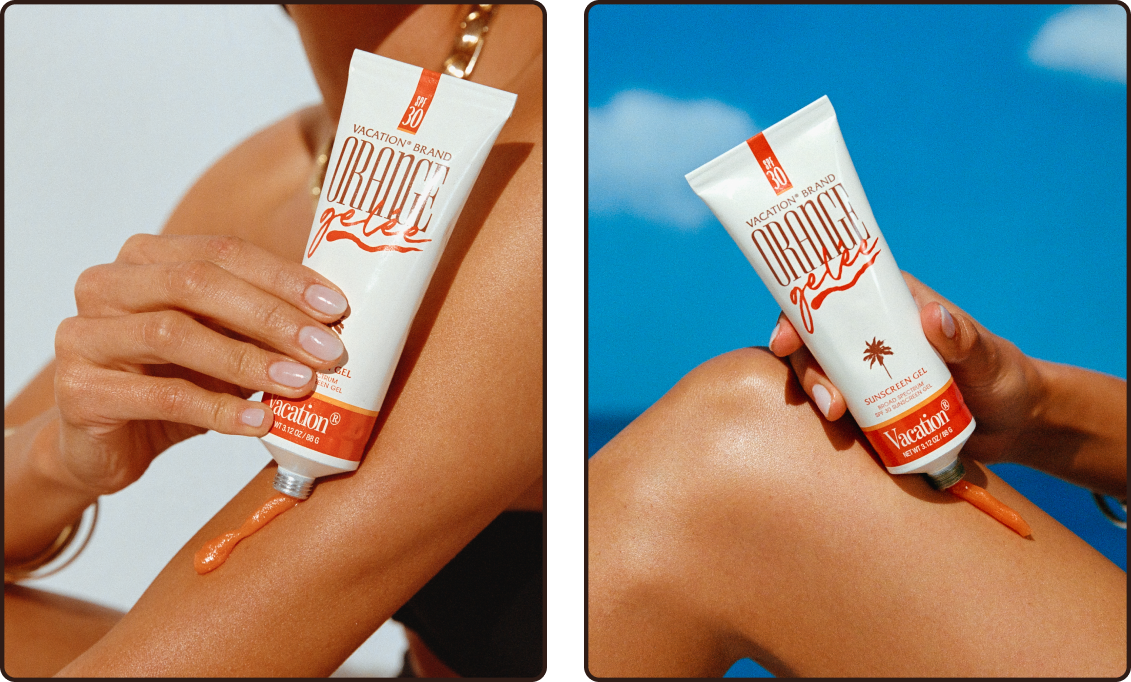a woman is applying orange gel to her arm