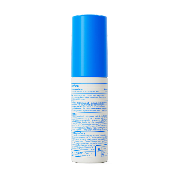 the back of a blue and white spray bottle with a palm tree on it