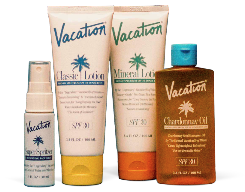 several bottles of vacation products including classic lotion mineral lotion and chardonnay oil