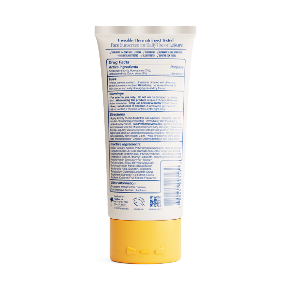 Back of a white tube of "Invisible, Dermatologist Tested Face Sunscreen" with a yellow cap, displaying drug facts, ingredients, and usage instructions.