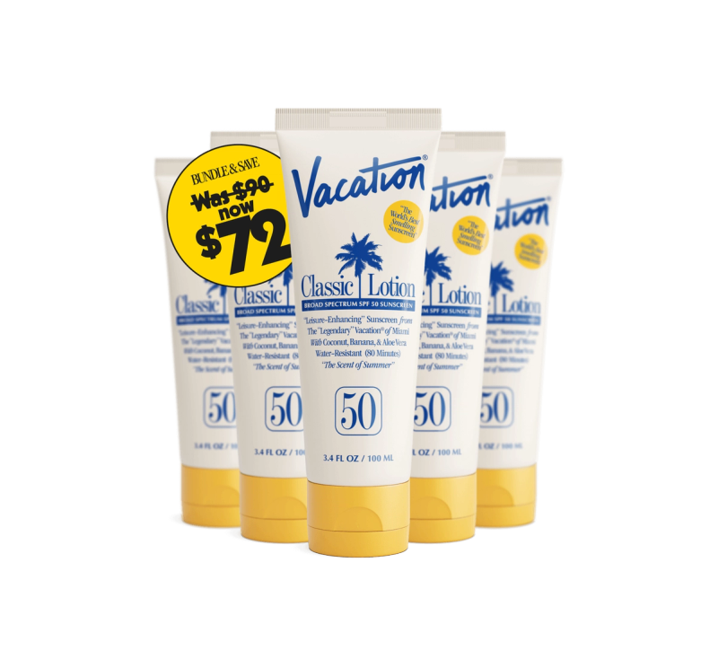 several bottles of vacation lotion are stacked on top of each other