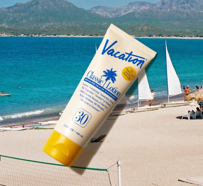 Classic Lotion SPF 30 with a dark shadow over an image of a beach scene with sailboats