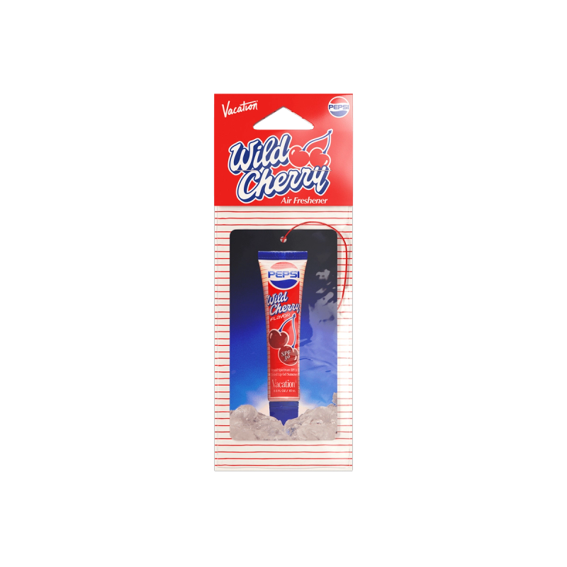 Vacation Wild Cherry Air Freshener packaging with a Pepsi-branded cherry sunscreen tube and ice.