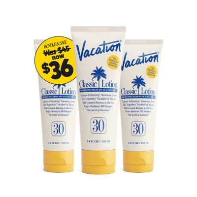 three bottles of vacation classic lotion sit next to each other