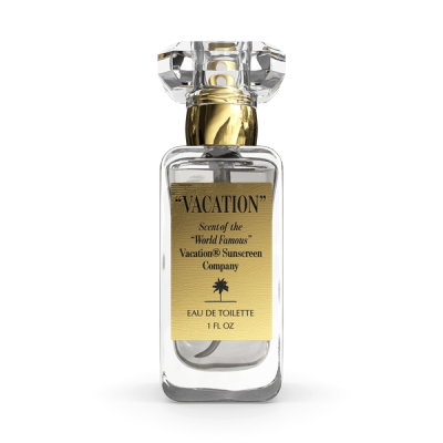 a bottle of vacation scent of the world famous vacation sunscreen company