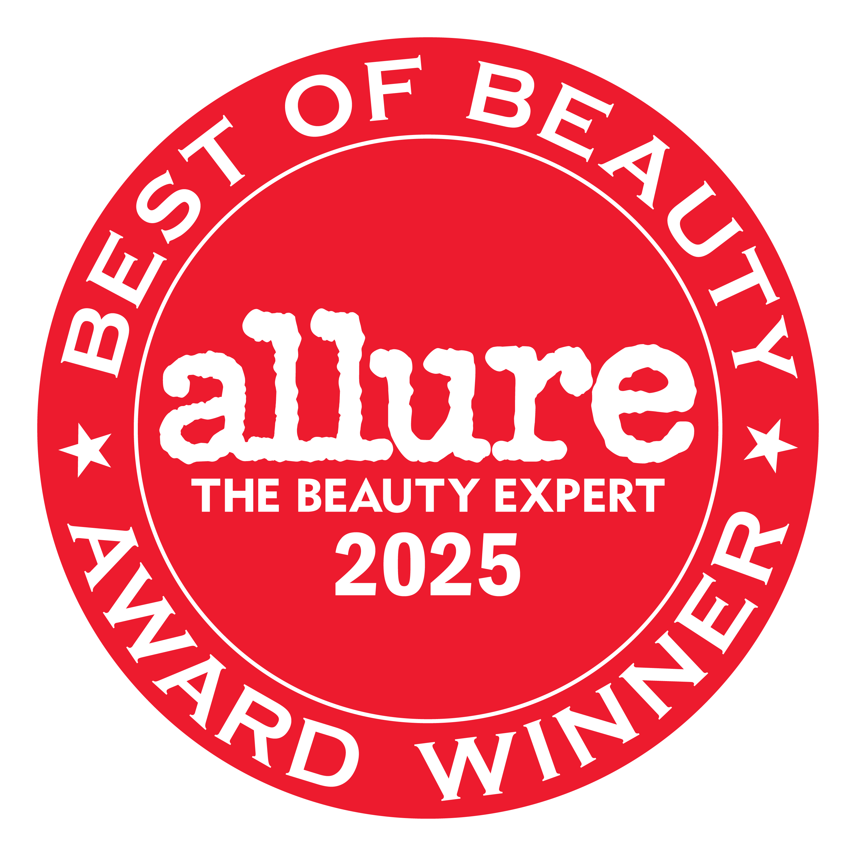 Red circular badge for Allure's 2025 Best of Beauty Award Winner.