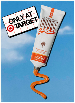 A tube of Vacation Brand Orange Gelee Sunscreen Gel SPF 30 squeezes out orange gel against a blue sky, with a sign saying "ONLY AT TARGET."