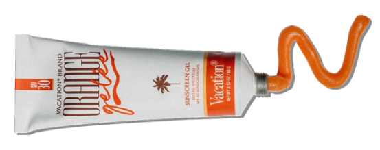 A white tube of Vacation Brand Orange Gelée SPF 30 sunscreen gel with a wavy line of orange gel squeezed out.