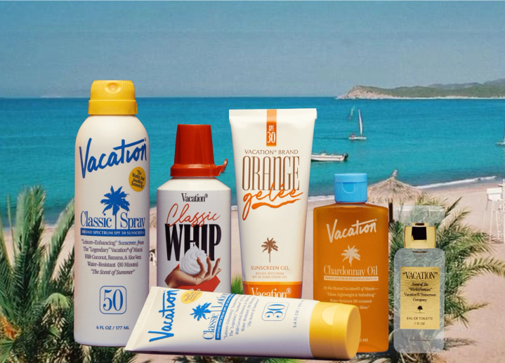 a bottle of vacation chardonnay oil sits next to a bottle of mineral lotion