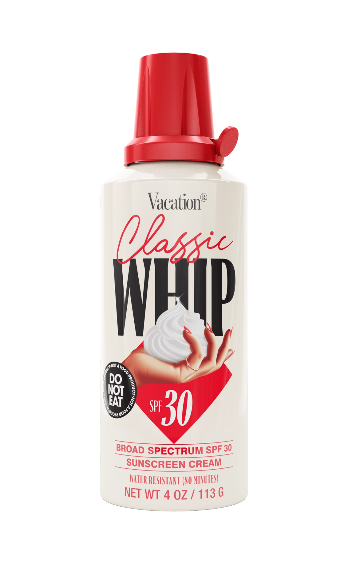 Vacation Classic Whip SPF 30 Sunscreen Cream in a white aerosol can with a red nozzle, designed to resemble whipped cream.