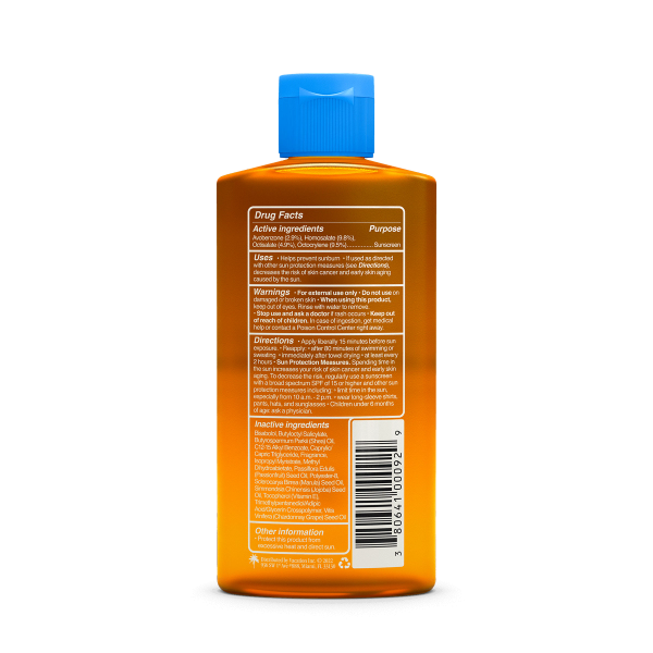 the back of a sunscreen spray bottle shows the ingredients