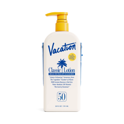 a bottle of vacation classic lotion with a yellow pump