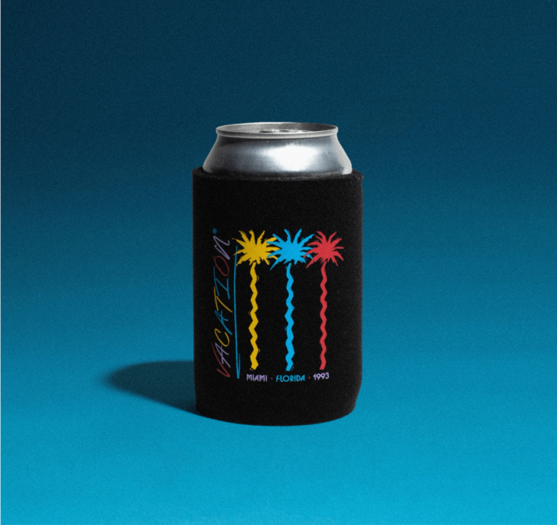 a can wearing a Vacation® Jazz Palms Beverage Sleeve