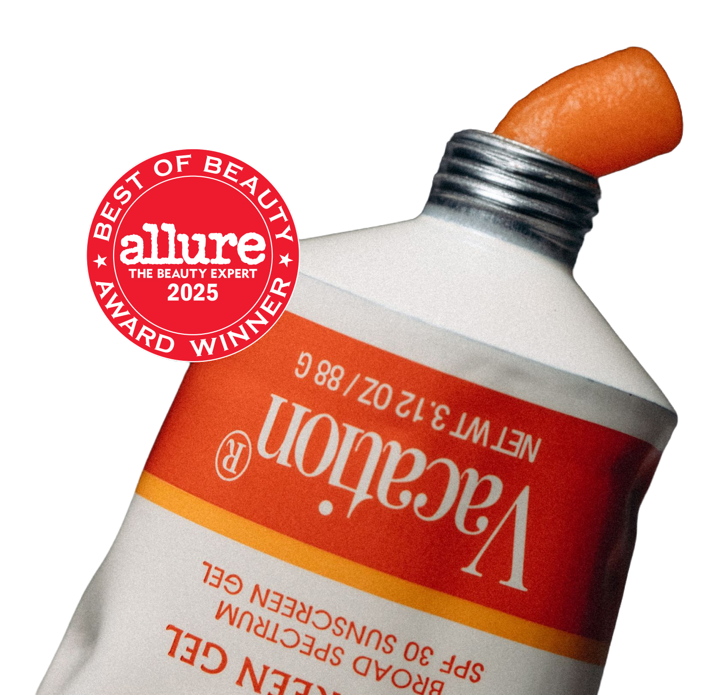 A tube of Vacation SPF 30 sunscreen gel with orange product squeezed out and an Allure Best of Beauty 2025 award seal.